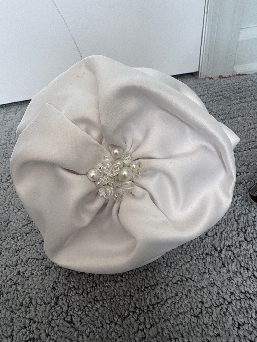 Elegant White Satin Floral Clutch with Pearl & Crystal Center